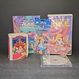 Alice in Wonderland 1 vhs 1 dvd movie, 1 book, Happy Meal Toy, Stickers, Pin